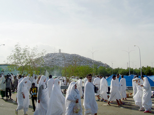 Hajj pilgrims standing at Arafah during Hajj