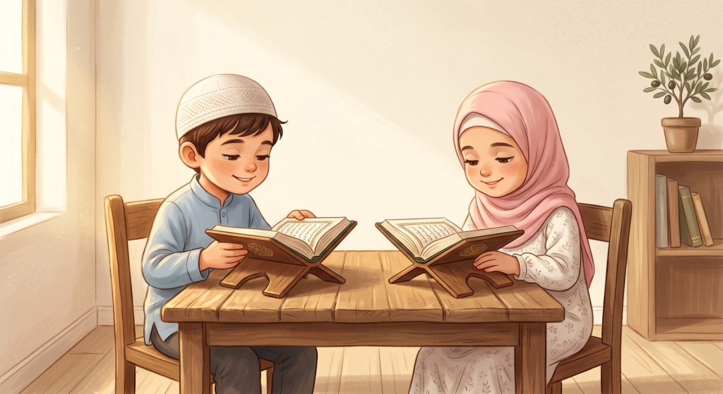 Two kids are learning the Quran After an online Quran Classes for Kids Program